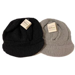 Ladies Fair Trade Handmade Nepal 100% Wool Beanie Hat Cap Set Of 2 Black Gray